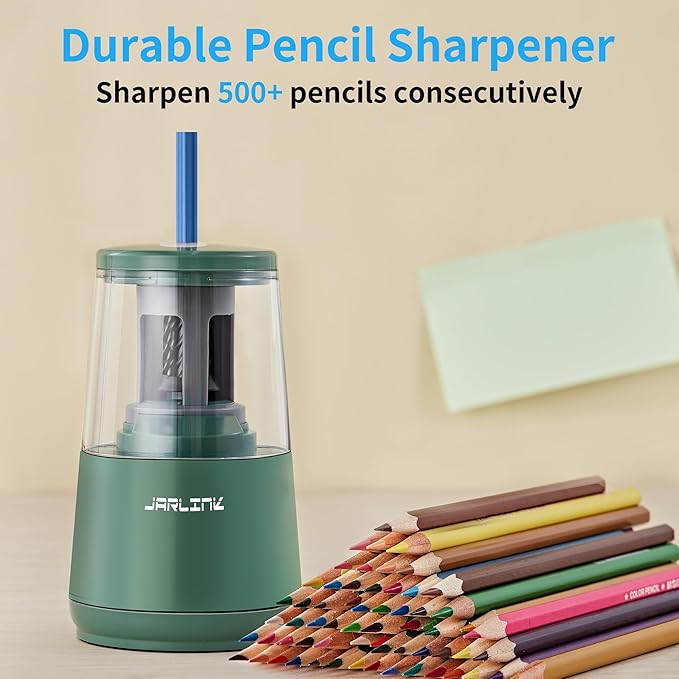 JARLINK Electric Pencil Sharpener, Heavy-Duty Helical Blade to Fast Sharpen, Auto Stop for No.2/Colored Pencils(6-8mm), USB/Battery Operated in School Classroom/Office/Home (Green)