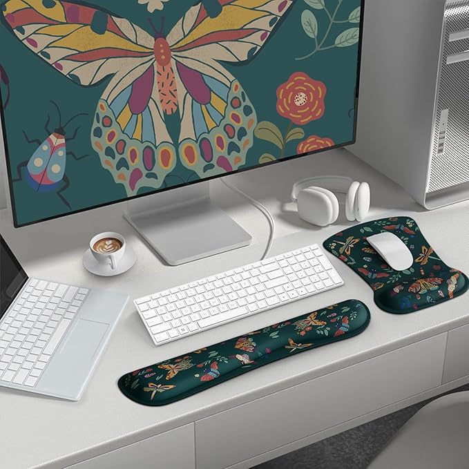 iCasso Ergonomic Mouse Pad with Wrist Rest, Keyboard Wrist Rest Mouse Wrist Rest, Made of Memory Foam, Easy Typing and Relieve Wrist Pain, Perfect for Computer Keyboard Office(Green Butterfly)