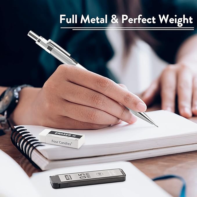 Four Candies 0.5mm Mechanical Pencil Set with Case - 4PCS Metal Mechanical Pencils, 8 Tubes HB #2 Lead Refills, 3PCS 4B Erasers and 9PCS Eraser Refills, Lead Mechanical Pencils for Writing & Drawing