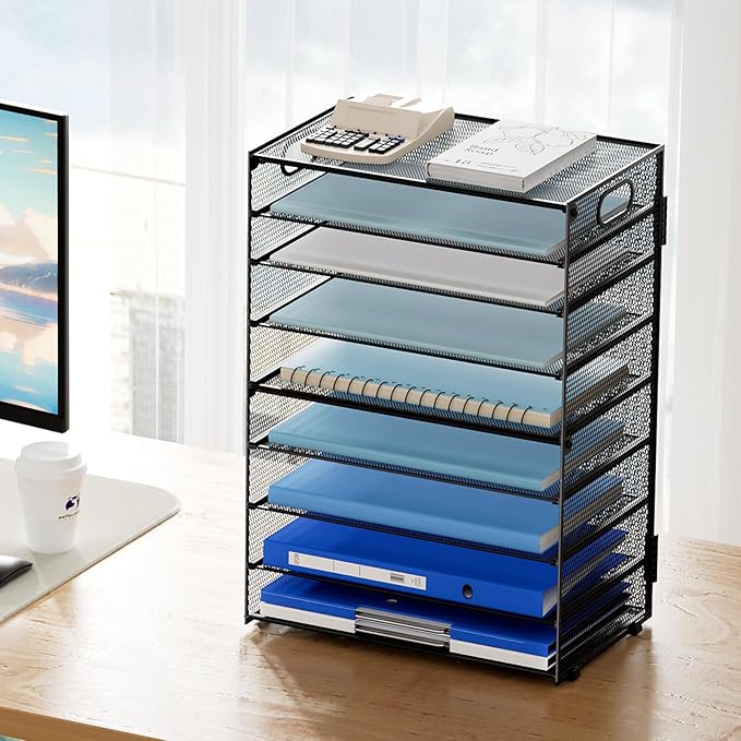 Marbrasse Paper Organizer Letter Tray, 9 Tier Mesh File Organizer with Handle, Paper Sorter Desk Organizer for Home Office Supplies - 2P