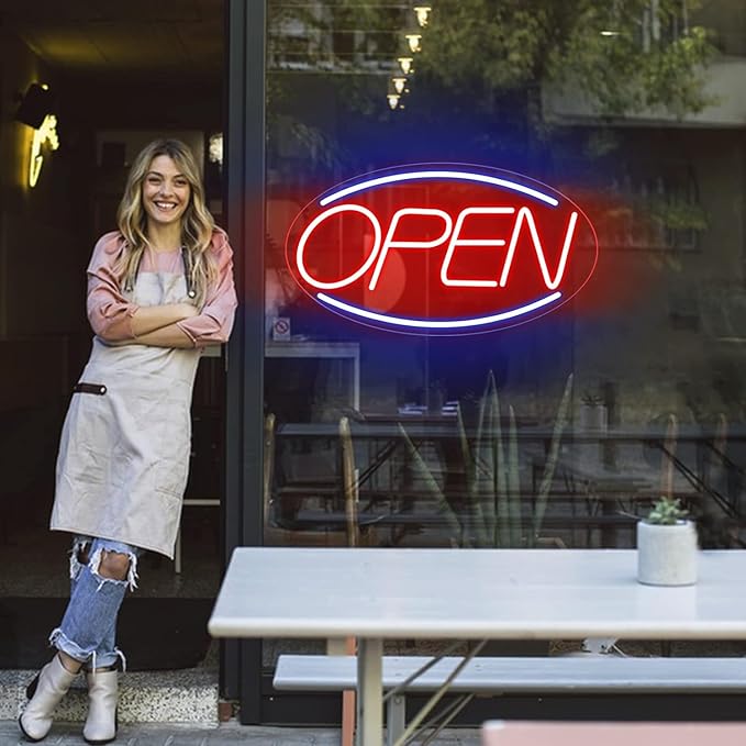 Open Signs for Business Ultra Bright LED Neon Open Signs for Business Storefront Window Glass Door Shop Store Florists Bar Salon Pubs with ON/OFF Switch (Blue/Red- Oval, 32 Inch)