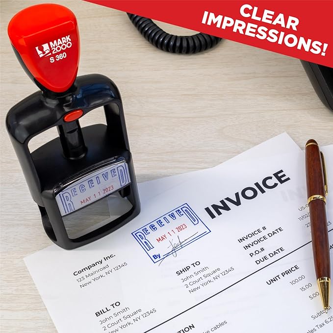 Self-Inking Rubber Date Office Stamp with Entered Phrase - Black Ink - 12-Year Band