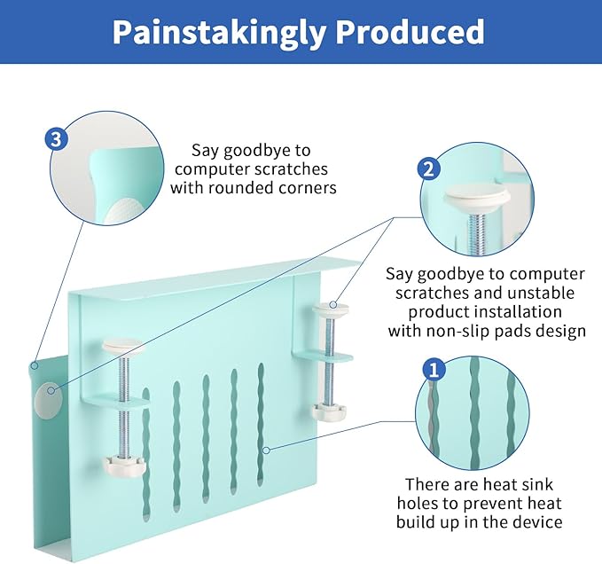 LUKETURE Desk Side Storage, Steel Hanging Organizer, No Drill Laptop Holder with Pen Holder, Side Desk Organizer, Space Saving Table Accessories for Home Office Workspacee (Blue, M(1 Tier))