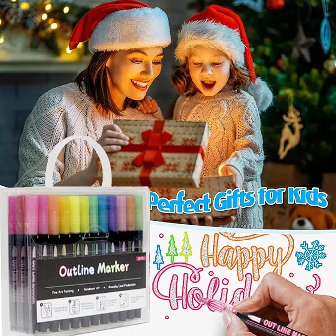 Double Line Outline Markers 36 Colors Super Squiggles Glitter Markers Self Outline Metallic Markers, Shimmer Markers Doodle Drawing Pens for Christmas Greeting Card, Birthday Gift, DIY Art Crafts
