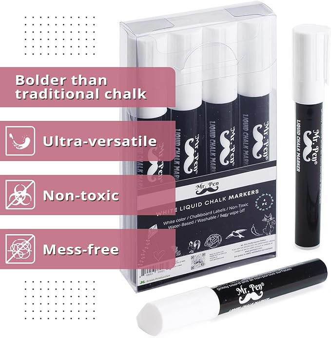 Mr. Pen- White Chalk Markers, 4 Pack, Dual Tip, 8 Assorted Colors, For Non-Porous Surfaces, Reversible Chisel and Bullet Tip