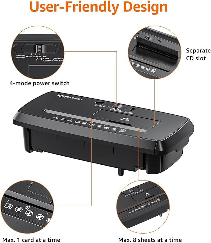 Amazon Basics 8-Sheet Strip Cut Paper, CD, and Credit Card Shredder, Compact, No Basket, Portable with Extendable Arm, Black