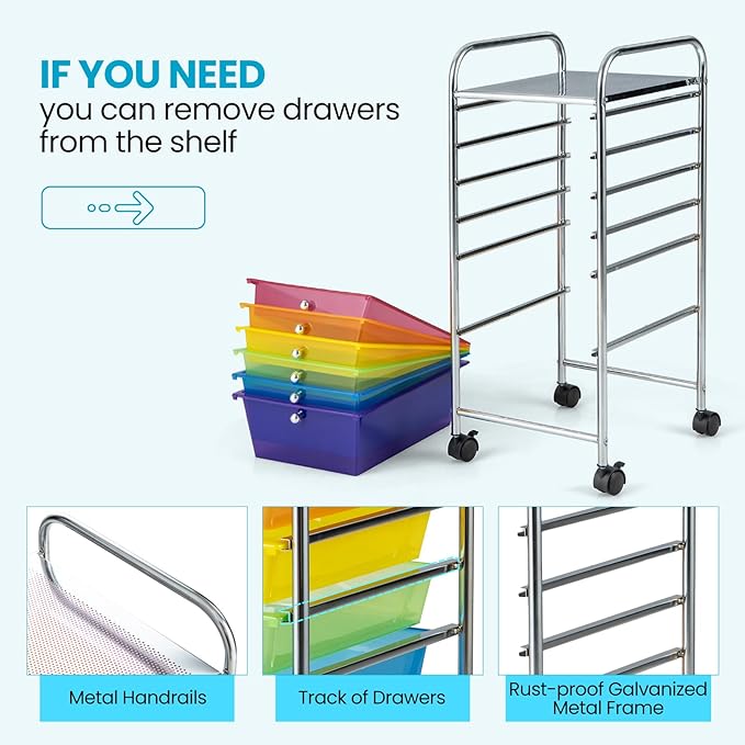 HOMGX 6 Drawer Rolling Storage Cart, 6 Drawer Organizer Trolley, Storage Drawer Carts, Rolling Cart for Office and School Organizer, Color