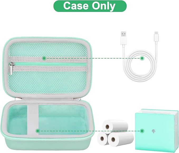 Canboc Case for Memoking/Ponek/Phomemo/Omezizy/Memoqueen T02 Mini Printer Sticker Printer/Phomemo M02 Printer, T02 Portable Thermal Printer Box for Thermal Paper, USB Cable, Green (Case Only) ﻿