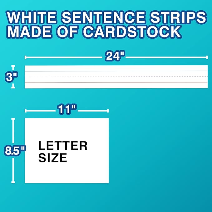 Chell White Sentence Strips Cardstock 3” x 24”, Thick Ruled Word Writing Paper for Teacher Supplies, Classroom and Home, Pack of 100