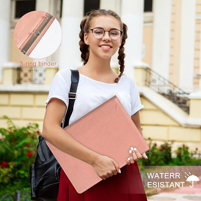 AZXCG Portfolio for Women, 3 Ring Binder Padfolio, Vegan Leather Office Binders Portfolio, Zippered Business Binder Folio Organizer, A4 Legal Pads Clipboard Padfolio, Gift for Women/Girls, Pink