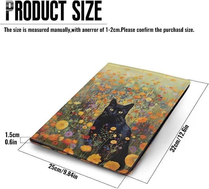 Black Cat Flower Portfolio Folder Leather Padfolio with A4 Size Clipboard Clip for Business Resume Interview Document Sleeve Binder Folder for Men/Women