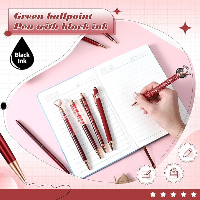 Supervitae 8 Pcs Ballpoint Pen for Women Fancy Gifts for Journaling Liquid Sand Glitter Black Ink Pens Bridal Shower Gifts for Wedding Women Office Desk School Stationery Supplies(Red)