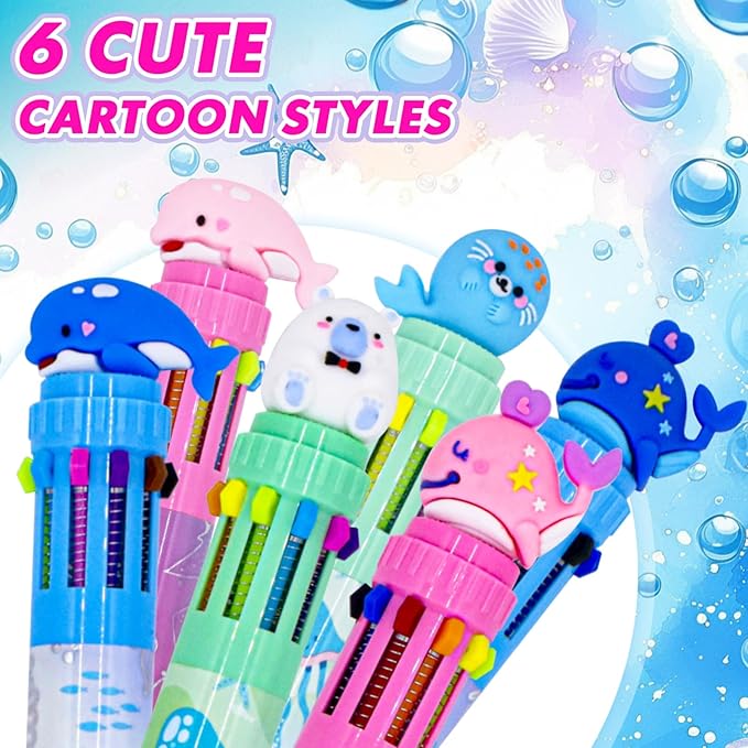 Multicolor Ballpoint Pen 0.7 mm, 10-in-1 Colored Pens Fine Point Retractable Cute Cartoon Ocean Animal Ballpoint Pens for Office School Students Kids Christmas Gift, 6 Pack