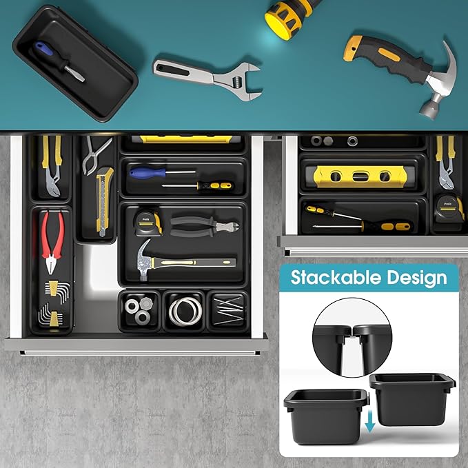 33 PCS Drawer Organizer Set, 4 Size Makeup Drawer Divider Organizer With Non-Slip Pads, Interlocking Plastic Storage Bins for Office,Jewelry Vanity,Gadgets, Bathroom,Kitchen, Black