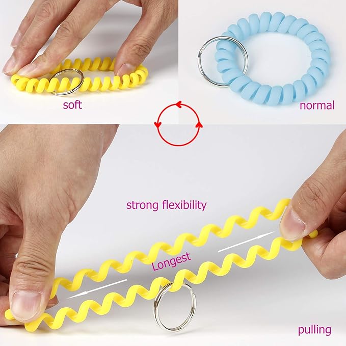 BIHRTC 6 Color Wrist Keychain Plastic Spring Flexible Spiral Wrist Coil Stretchable Wristband Spiral Key Chain Bracelet Key Holder Key Ring for Gym Pool ID Badge Sauna Outdoor Activities