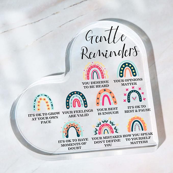 Gentle Reminders Decor, Positive Affirmations Desktop Art Decorations for Home Therapy Office School Counselling Office Mental Health Awareness Gifts, Heart Shape Acrylic Rainbow Sign Decor
