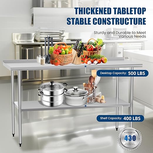 Stainless Steel Table 24 x 60 Inches Metal Prep Table with Backsplash & Adjustable Undershelf for Commercial Kitchen, Outdoor, Restaurant, Hotel & Garage