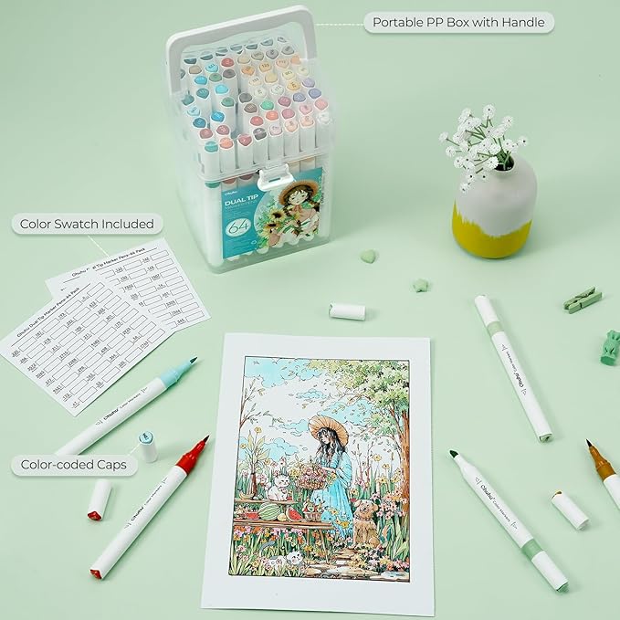 Ohuhu Markers for Adult Coloring Books No bleeding 64 Colors Water-based Coloring Markers Dual Tips Chisel & Brush Drawing Pens Art Markers for Kids Adults Beginners Lettering Journaling