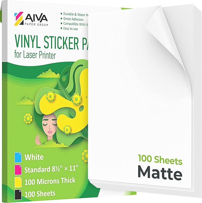 Printable Vinyl Sticker Paper for Laser Printer - Matte White - 100 Self-Adhesive Sheets - Waterproof Decal Paper - Standard Letter Size 8.5"x11"