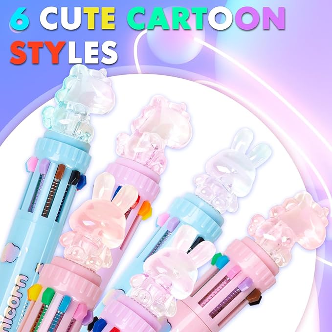 Multicolor Ballpoint Pen 0.7 mm, 10-in-1 Colored Pens Fine Point Retractable Cute Cartoon Animal Ballpoint Pens for Office School Students Kids Christmas Gift, 6 Pack