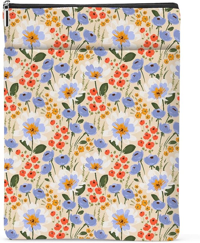Watercolor Floral Pattern Book Lovers Gifts Waterproof Book Sleeve Book Pouch Book Protector with Zipper and Front Pocket BookCover Case for Women Girl Bride Sister Book Accessories Book Club Gifts