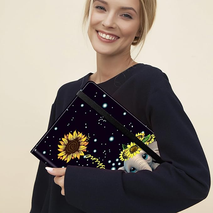 Padfolio Folder with Clipboard,Portfolios Organizer Clipboards with Storage Clipboard Writing Pad PU Leather Conference Document Organizer with Business Card Holder,Elephant Sunflower