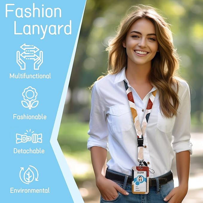 ID Badge Holder with Breakaway Lanyards, Badge Holder with Retractable Reel Clip, Boho Abstract Art Name Tag Lanyard Vertical ID Card Protector for Women Teacher Nurses Doctor Student