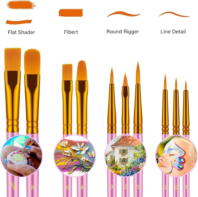 Paint Brushes Set, 20 Pcs Paint Brushes for Acrylic Painting, Oil Watercolor Acrylic Paint Brush, Artist Paintbrushes for Body Face Rock Canvas, Kids Adult Drawing Arts Crafts Supplies, Pink