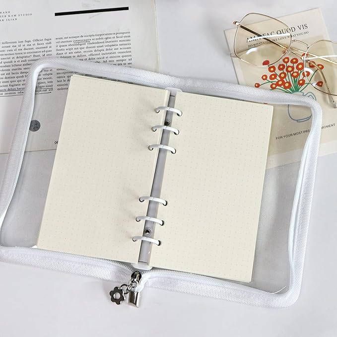 Multibey A5 Binder Cover Clear Soft PVC 6-Ring Binder Budget Evelopes System with Zipper Planner Organizer Refillable Notebook Journal Binder (White, A6)