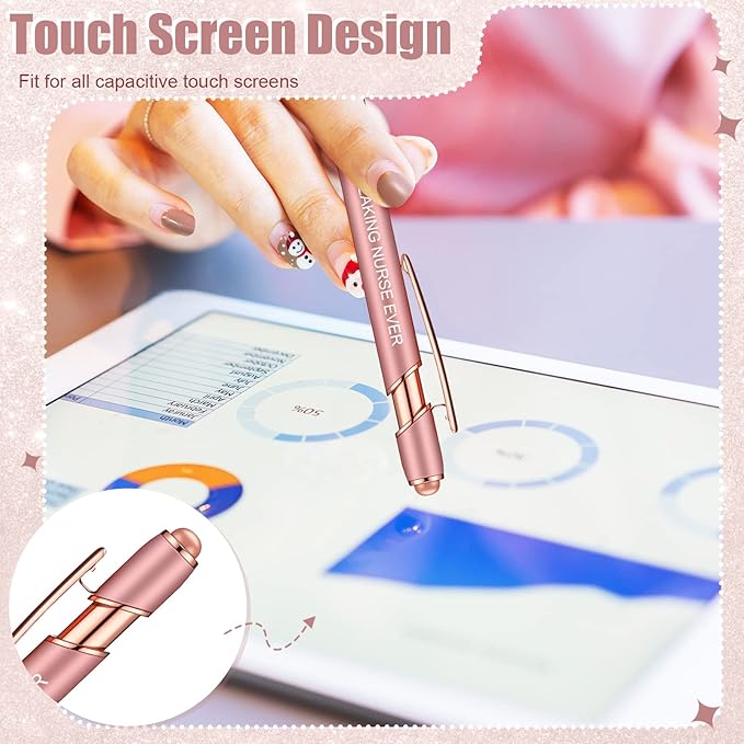 Zonon 12 Pieces Inspirational Pens Bulk Easter Basket Stuffers Motivational Quotes Ballpoint Pens with Stylus Tip Inspirational Gifts for School Office Teachers(Rose Gold,Nurse Style)