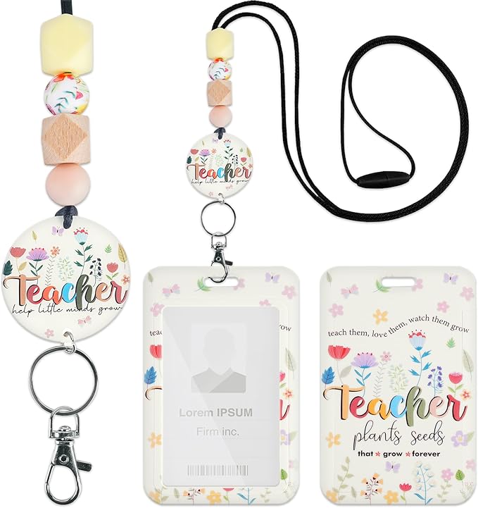 Teacher Lanyard with ID Holder, Floral Flowers Inspirational Quotes Cute Badge Holder with Beaded Adjustable Lanyard, Teacher Gifts for Women