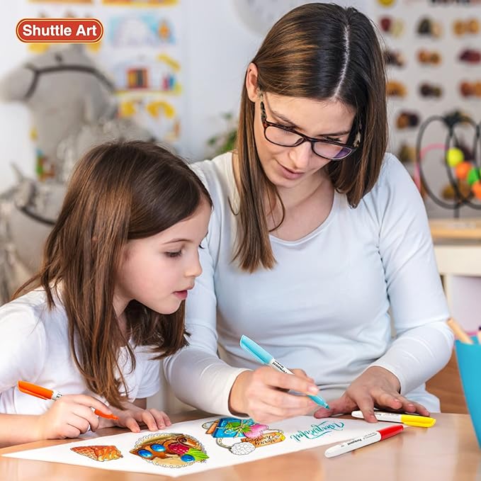 Shuttle Art Permanent Markers, 24 Colors Fine Point Assorted Colors Permanent Marker Set, Works on Plastic,Wood,Stone,Metal and Glass for Doodling, Coloring, Marking