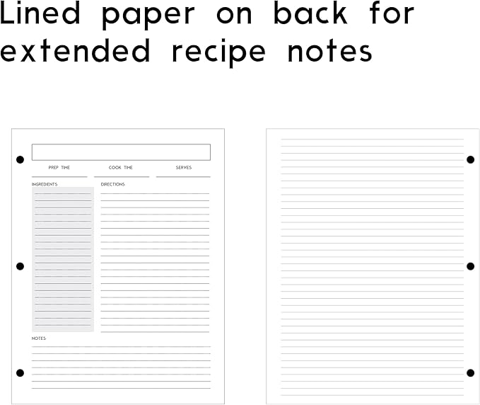 Recipe Card Set, 3-Hole Punched (Set of 30), 8.5 x 11 inch, 200 GSM Insert Card, Letter Size for Saving Recipes