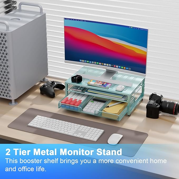 gianotter Computer Monitor Stand Riser, office organizer with Drawer, Office Organizers Storage for Classroom Office Supplies (Blue)