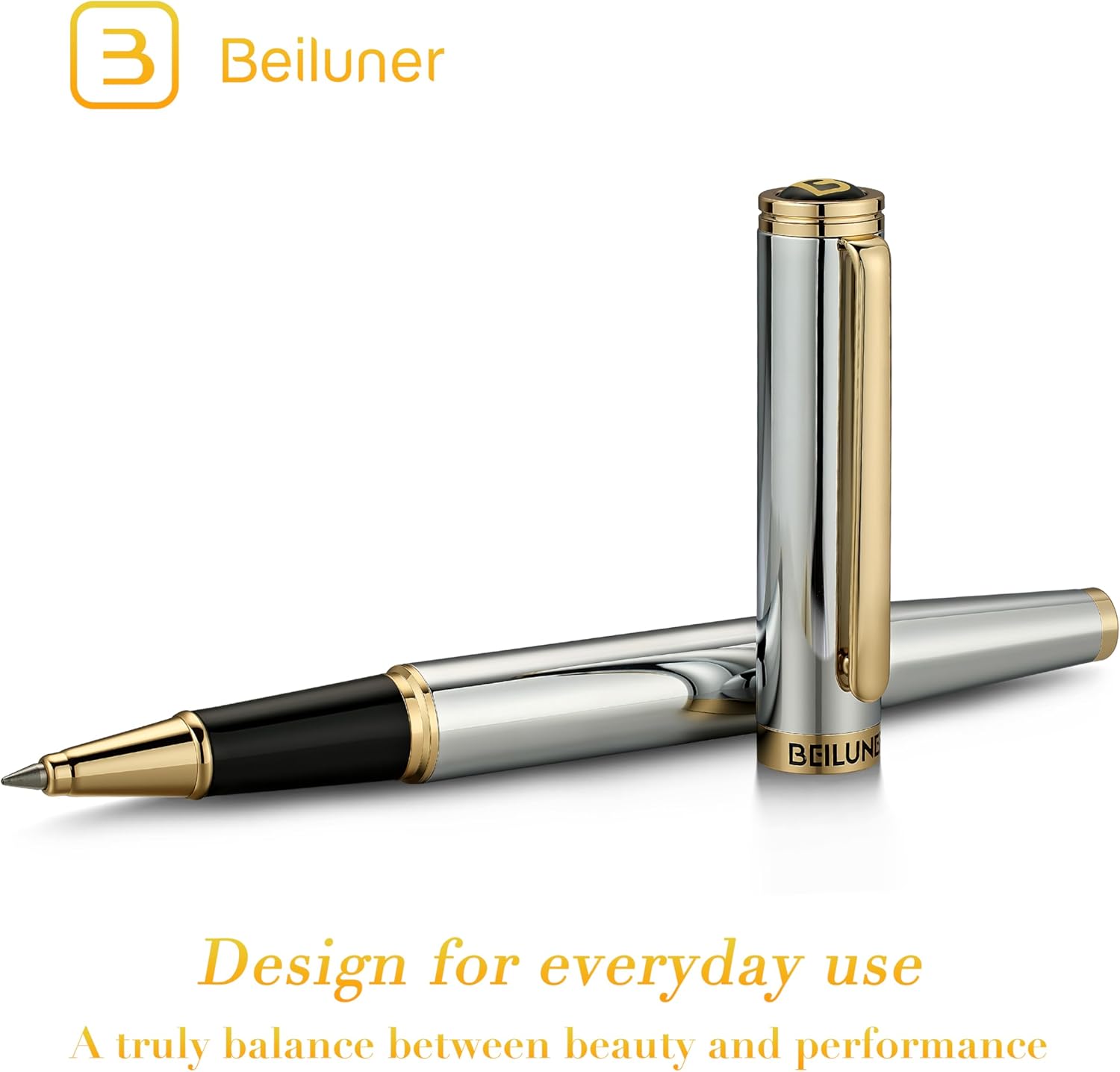 BEILUNER Luxury Rollerball Pen, Stunning Silver Chrome with 24K Gold Finish,Noble and Elegant Designs,Schneider Ink Refill, Best Gift Pen for Men & Women, Professional, Executive Office, Fancy Pens