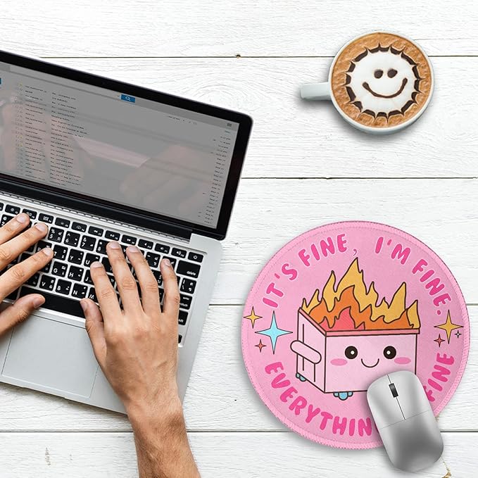 Funny Round Mouse Pad for Desk, Cute Office Decor for Women, Dumpster on Fire Small Mousepad，Stitched Edge Non-Slip Rubber Base, Personalized Computer Mouse Pads for Wireless Mouse，Desk Accessories