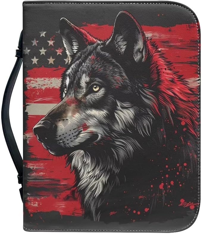 Lotusorchid American Flag Wolf Bible Bags, Faux Leather Bible Covers with Handle Pockets for Women, Portable Sturdy Bible Bag for Men, Christian Bible Study Accessories, Black and Red, L