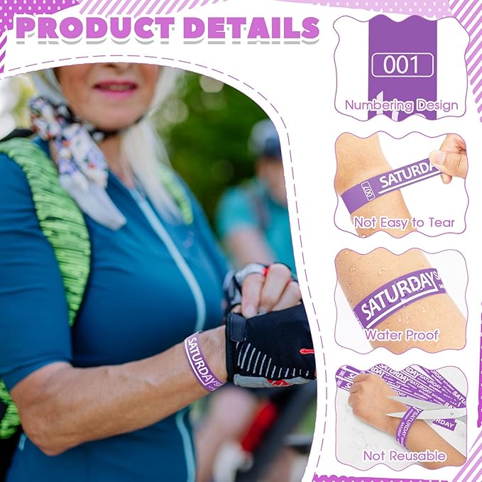 Henoyso 600 Pcs Saturday Paper Wristbands Event Wristbands Paper Bracelets Wristbands Numbered Waterproof Party Wristbands for Events Day of The Week(Purple)