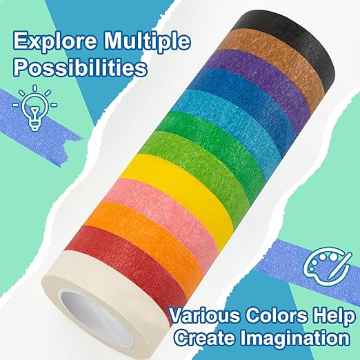 OWLKELA 12 Rolls Colored Masking Tape 16 Yard Per Roll, Rainbow Colors Painting Tape, Painters Tape, Craft Tape, Labeling Tape, Paper Tape for Bullet Journals, Party Decorations, DIY Craft