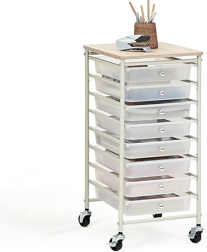SunnyPoint Wooden Top Compact Rolling Storage 8 Drawers Organizer Mobile Utility Cart, Under Desk Storage Cart with Caster Wheels (Compact 8 Drawers, White)
