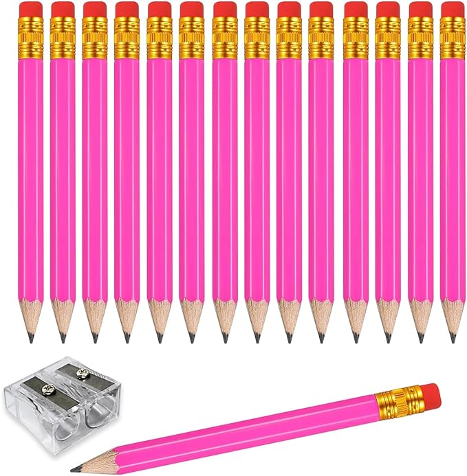 Adhere 25pcs Golf Pencils with Eraser Pre sharpened Hexagon half Wooden Pencils Graphite 2B for Golf Event Scoring,Classroom,Wedding,Company Meetings,Pew, Pocket (Rose Red)