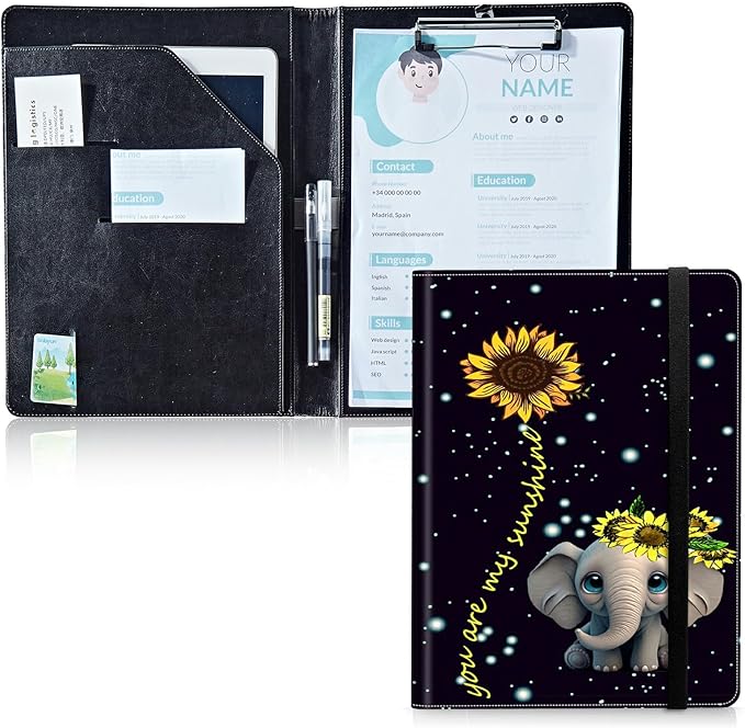 Padfolio Folder with Clipboard,Portfolios Organizer Clipboards with Storage Clipboard Writing Pad PU Leather Conference Document Organizer with Business Card Holder,Elephant Sunflower
