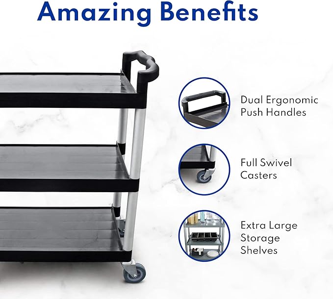 New Star Foodservice 54569 350-Pound Plastic 3-Tier Utility Bus Cart with Locking Casters, 42.5 "x19.5" x 38.5", Gray