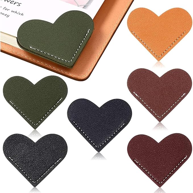 6Pcs Colorful Leather Bookmarks with Heart Shape, Portable Leather Book Page Corner Marker Heart-Shaped Page Clip 2''x2.2'' Gift, Reading Bookmarks Art Gifts, Book Covers and Book Accessories (Heart)