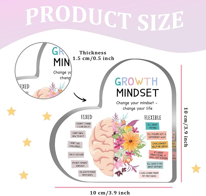 Growth Mindset Decor, Mental Health Therapy Office School Art Educational Challenging Thoughts Affirmation Decorations Positive Sayings Inspirational Gifts Acrylic Heart Inspirational Gift for Teacher