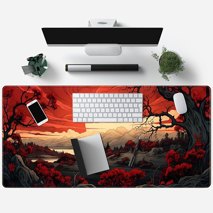 Red and Black Mouse Pad Japanese Mouse Pad XL Black Anime Big Mouse Pads for Desk Large Gaming Large Mouse Pad for Men Desk Pad with Stitched Edges Non-Slip Large Computer Mat, 31.5x15.7 in.