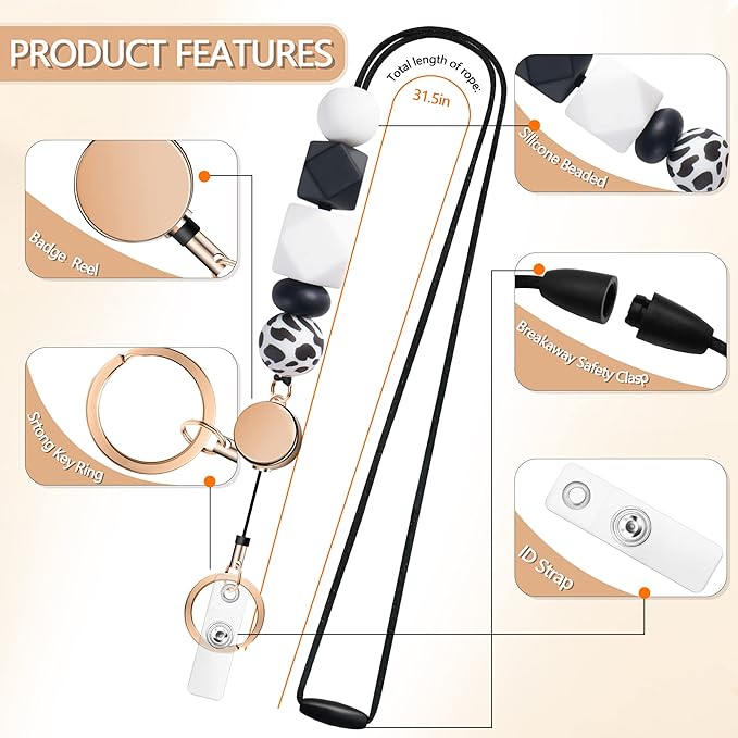 2PCS Retractable Lanyards for ID Badges and Keys, Cute Breakaway Teacher Lanyard with Badge Holders and Reels, Silicone Beaded Lanyard for Women, Nurses, Office with 4 Waterproof Card Holders