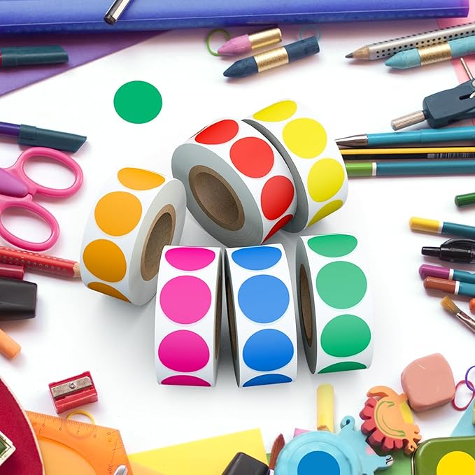 3000 PCS Printholic 3/4" Round Color Coding Circle Dot Sticker Labels 6 Color Includes Bright Yellow Green Red Pink Orange Blue(500 Labels/Roll)