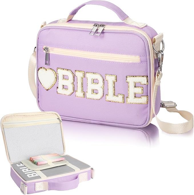 Silkfly Large Chenille Letter Bible Cover for Women Preppy Patch Bible Case Church Bible Bag with Handle(Purple)