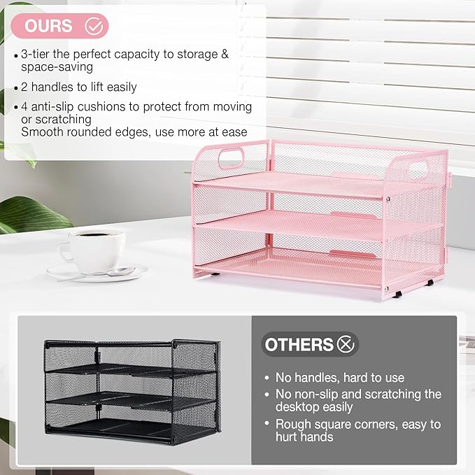 3-Tier Letter Tray Paper Organizer with Handle,Compact Mesh Desk File Organizer for Home Office Supplies Desktop Accessories,Pink